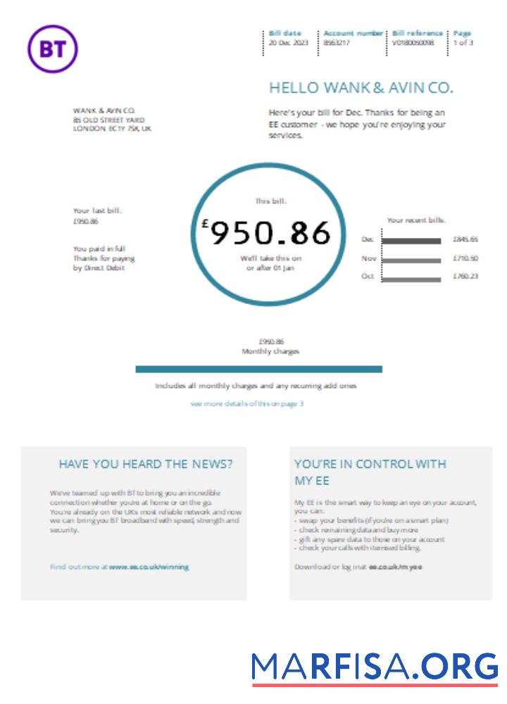 Blank BT utility business bill SCR download for verification